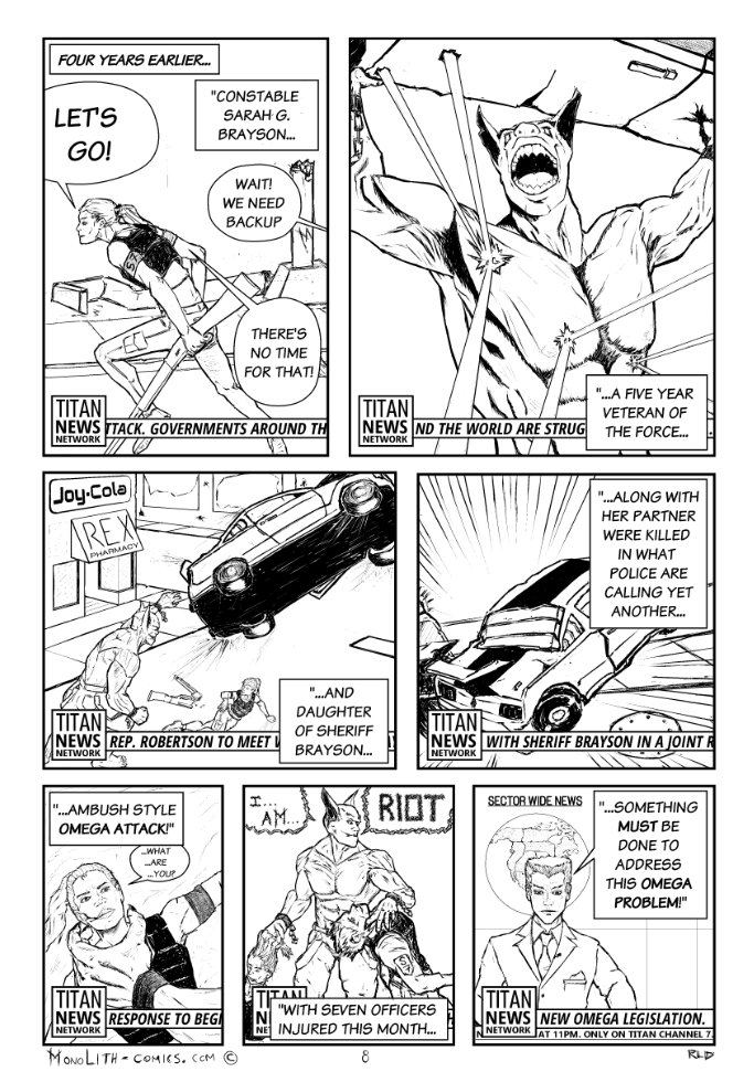 Omega Men - The Omega Problem transcript. Page: 8 Begin Flashback
Panel 1:
The panel mimics a news broadcast, featuring a montage of smartphone and security camera footage. Constable Brayson, shotgun in hand, is seen running toward an unseen threat. Deputy Wallace's voice is heard off-screen, urging caution.
Titan News Network ticker reads, 